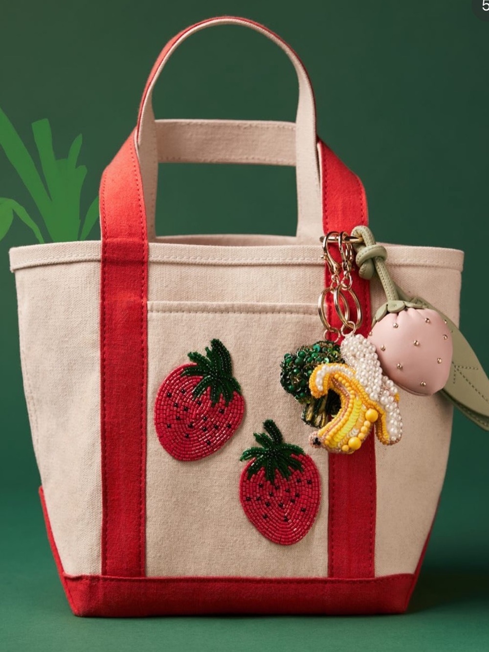 Anthropologie Cream Canvas Tote with Red Straps and Strawberry Beads, OS, EUC